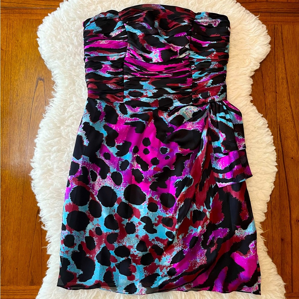 Caché Y2K Silk Strapless Cocktail Party Dress Colorful Animal Print Size 8